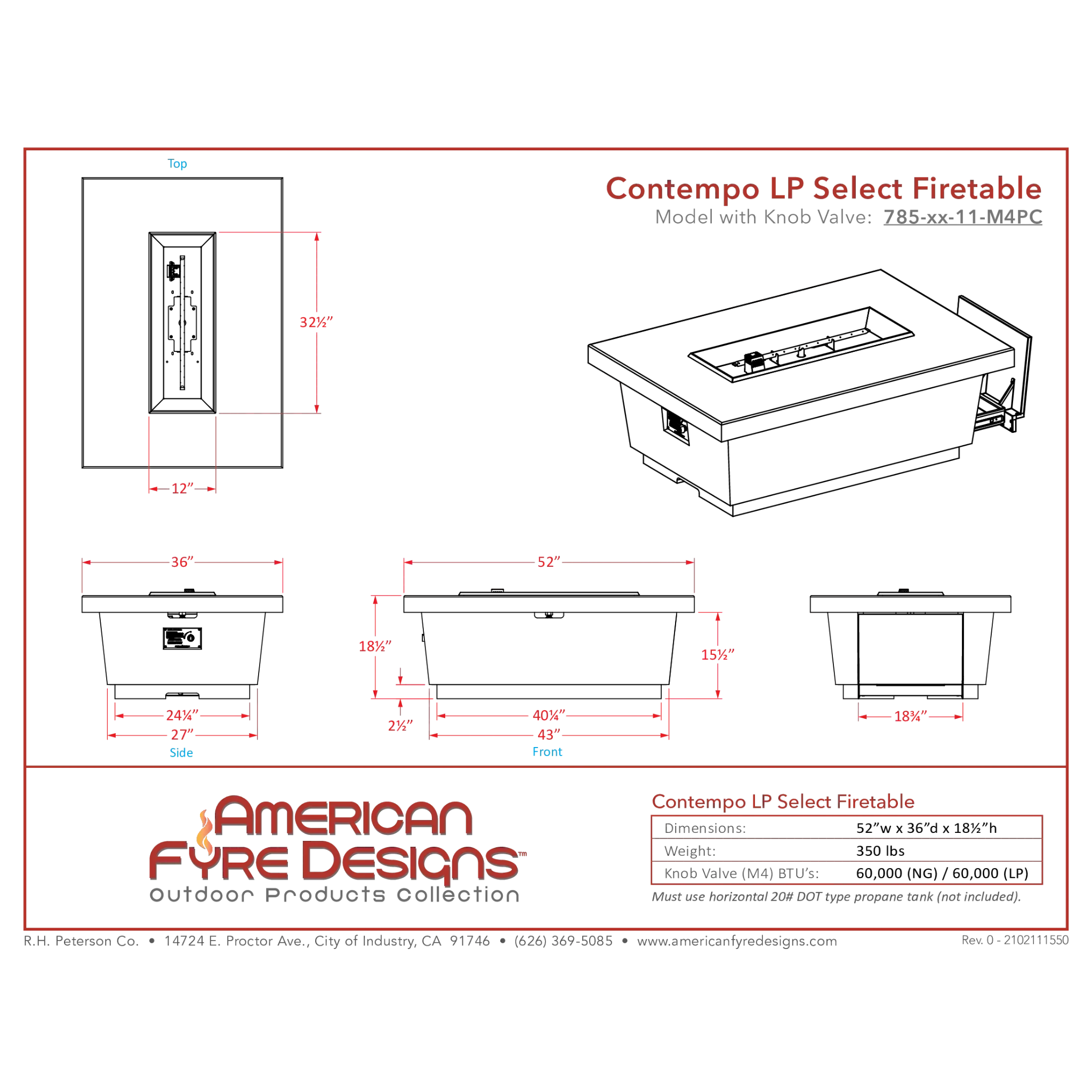 Contempo LP Select Fire Table with Tank Drawer